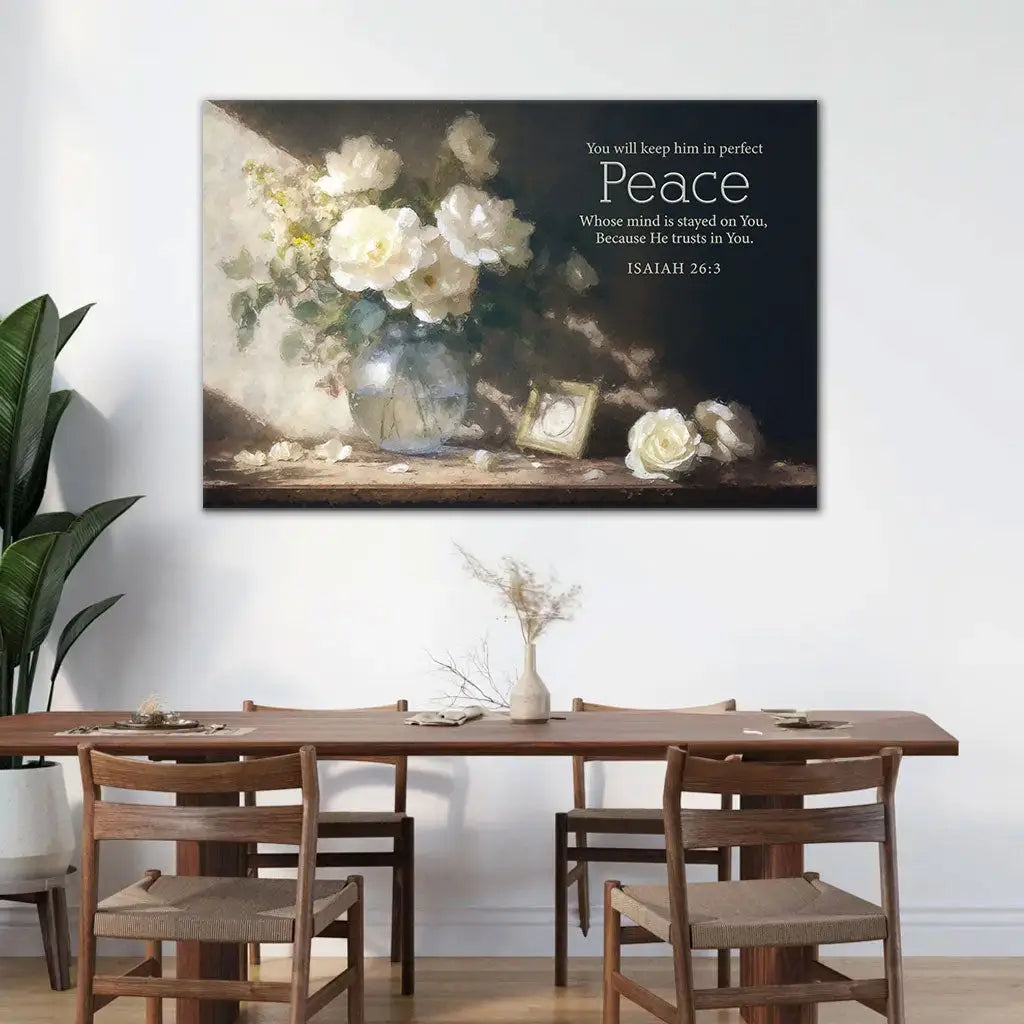 Bible verse wall art featuring Isaiah 26:3 and a serene white rose design in a sunlit glass vase, perfect for Christian decor.