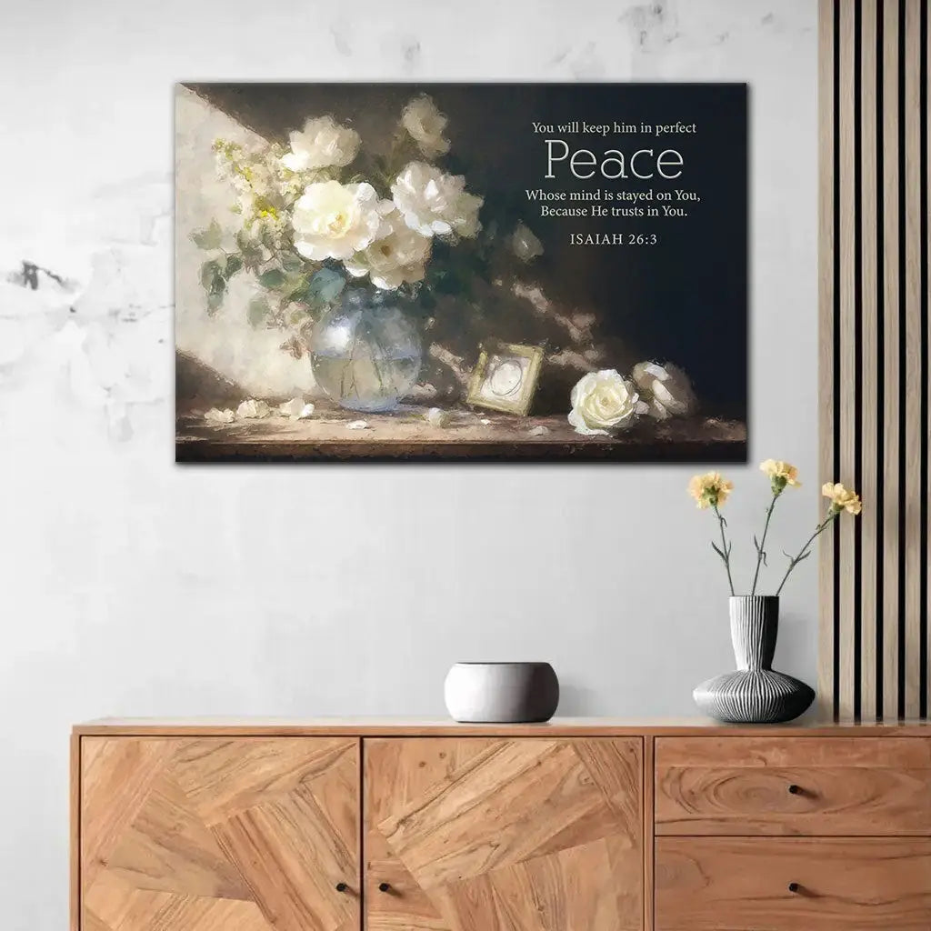Christian wall art with Isaiah 26:3, "You will keep him in perfect peace," showcasing soft sunlight and white roses for a tranquil touch.