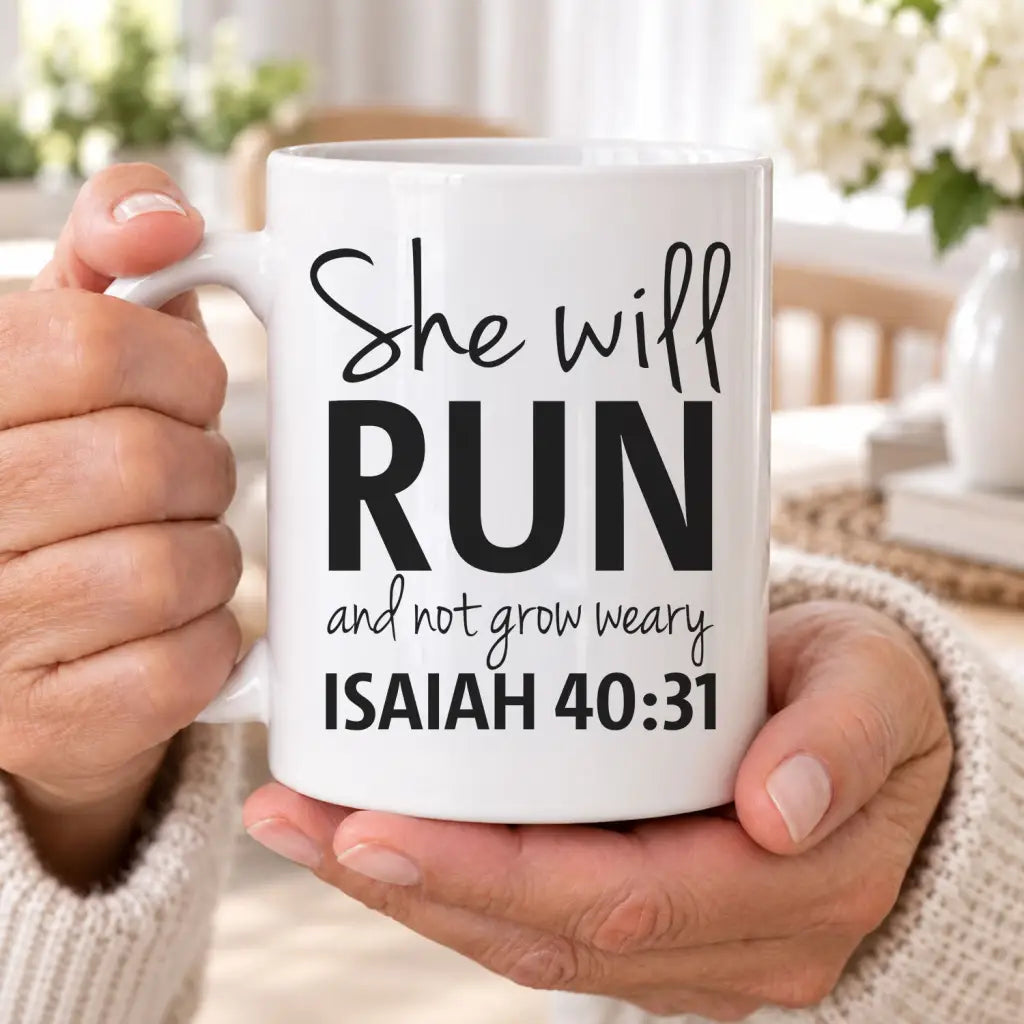 Isaiah 40:31 She Will Run And Not Grow Weary Bible Verse Coffee Mug 11 oz