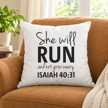 Isaiah 40:31 She Will Run And Not Grow Weary Bible Verse Pillow