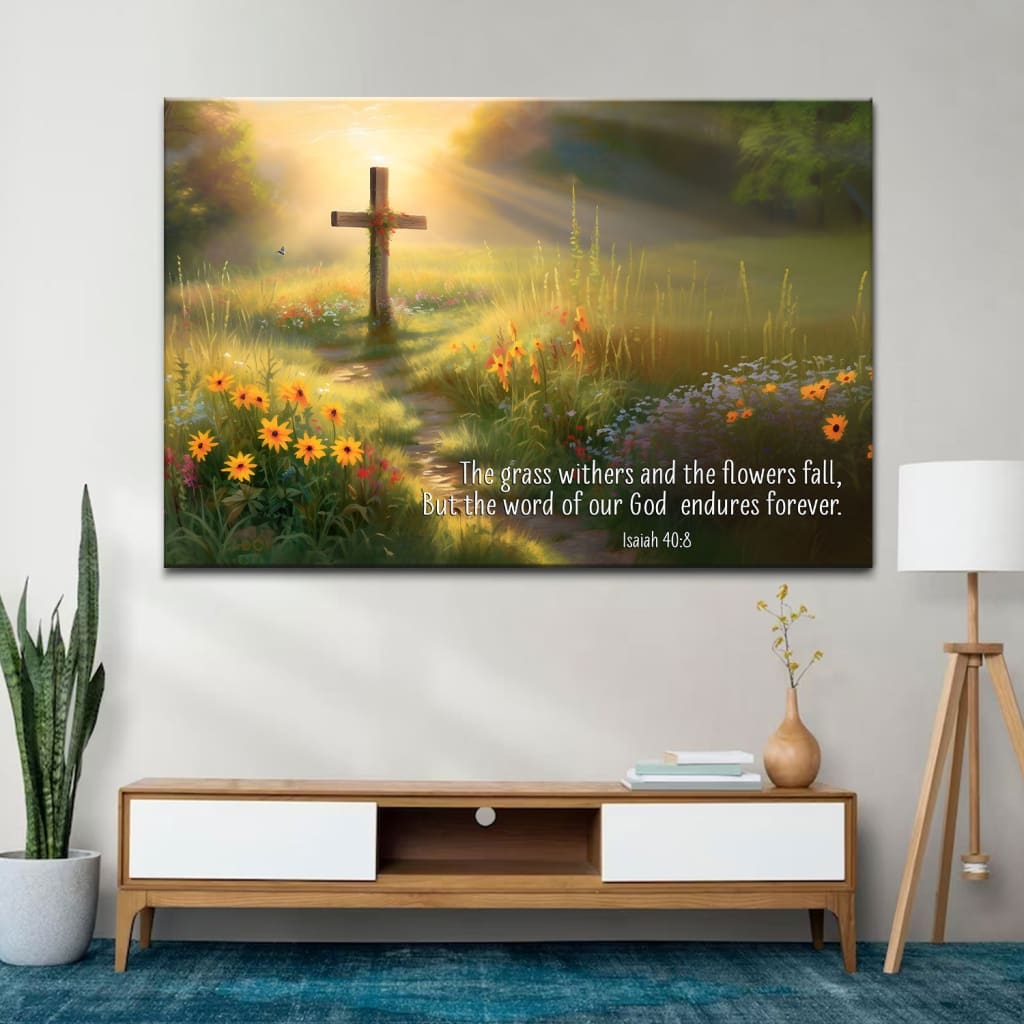 Christian wall art featuring Isaiah 40:8, "The Word of Our God Endures Forever," perfect faith-based home decor with a cross and serene landscape.