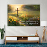 Christian wall art featuring Isaiah 40:8, "The Word of Our God Endures Forever," perfect faith-based home decor with a cross and serene landscape.