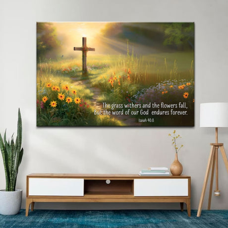 Christian wall art featuring Isaiah 40:8, "The Word of Our God Endures Forever," perfect faith-based home decor with a cross and serene landscape.