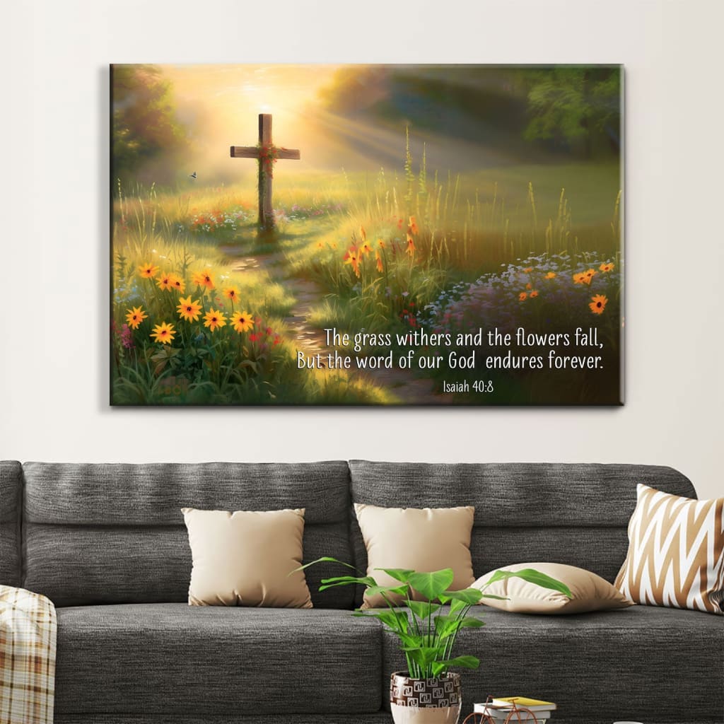 Inspirational canvas print with Isaiah 40:8 Bible verse, "The Word of Our God Endures Forever," ideal Christian gift.