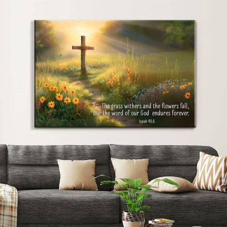 Inspirational canvas print with Isaiah 40:8 Bible verse, "The Word of Our God Endures Forever," ideal Christian gift.