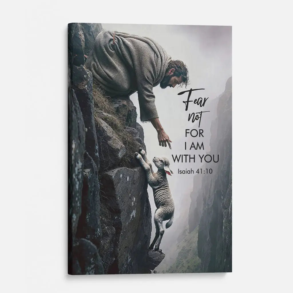 Christian home decor with Jesus saving a lamb and Isaiah 41:10 Bible verse encouragement.