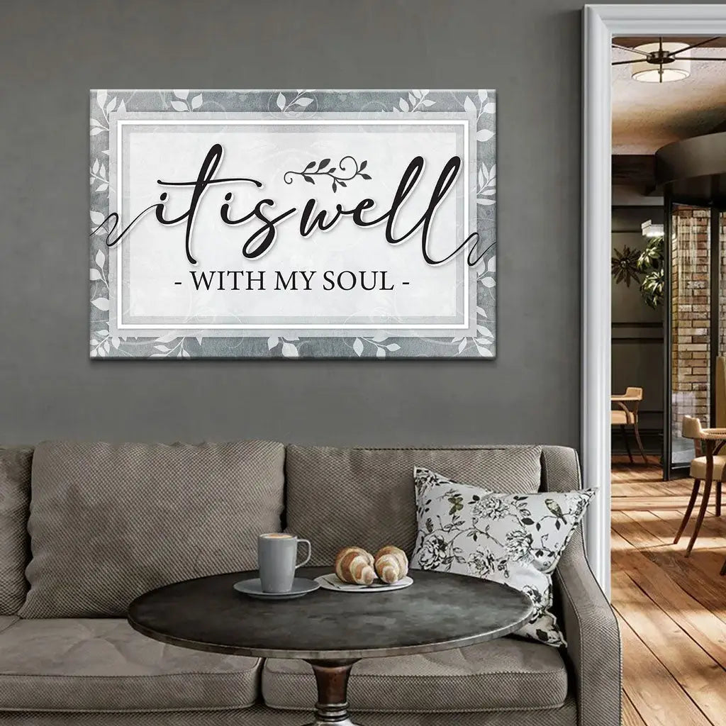 Inspirational canvas featuring &quot;It Is Well With My Soul,&quot; ideal for Christian wall decor and faith-filled gift ideas.