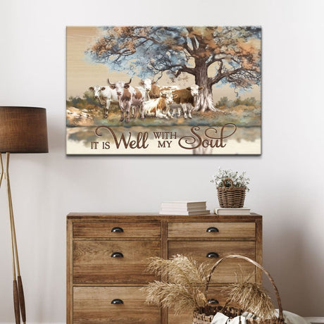 Christian artwork displaying "It is Well With My Soul," featuring serene cows beneath a tree, great for uplifting spaces.
