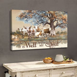 Christian wall art canvas featuring "It is Well With My Soul," depicting cows under a tree, perfect for inspirational decor.