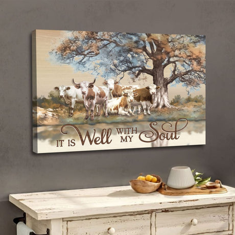 Christian wall art canvas featuring "It is Well With My Soul," depicting cows under a tree, perfect for inspirational decor.