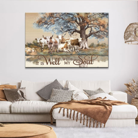 Inspirational wall art showcasing "It is Well With My Soul" with cows under a tree, ideal for Christian gifts and home decor.