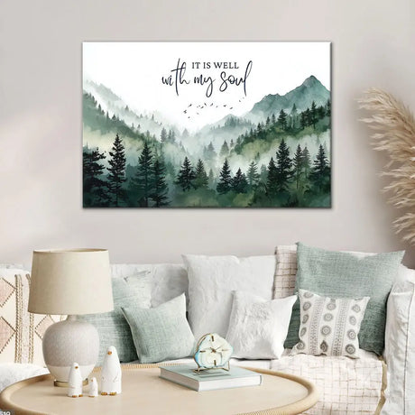 Christian wall art canvas It Is Well With My Soul with nature mountain forest peaceful design