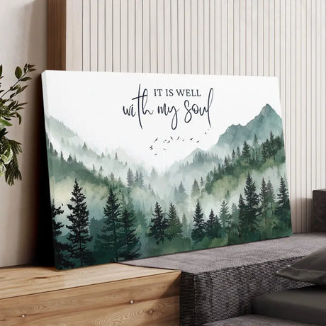 It Is Well With My Soul Christian wall art canvas with peaceful mountain forest and calming faith message