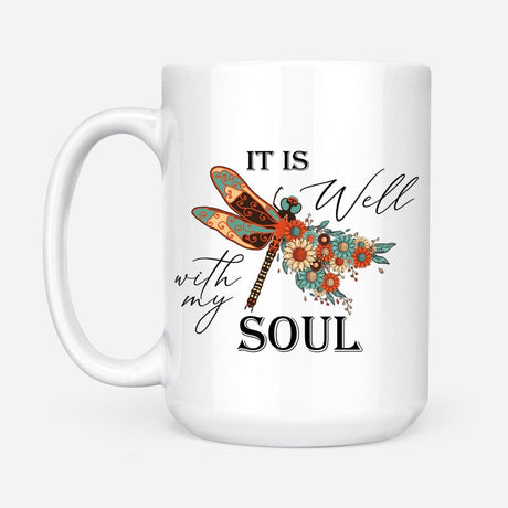 Christian coffee mug It is Well with My Soul Dragonfly flowers 15 oz