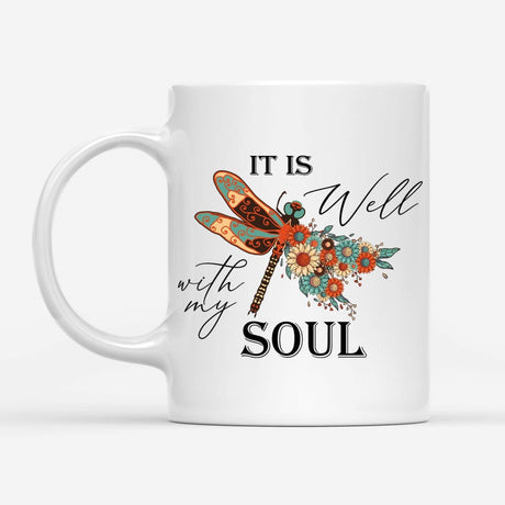 Christian coffee mug It is Well with My Soul Dragonfly flowers