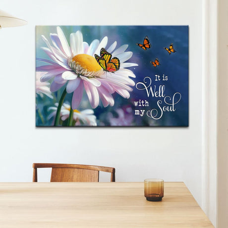 "It is Well With My Soul" wall art canvas with butterflies and daisy flower, perfect for Christian decor.