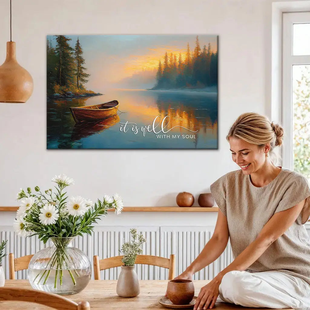 Christian wall art canvas featuring It Is Well With My Soul hymn and serene sunrise lake scenery, Christian Gifts