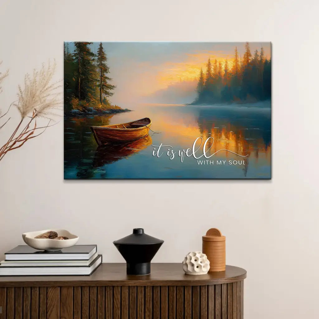 It Is Well With My Soul Christian canvas art with tranquil sunrise lake for prayer room decor