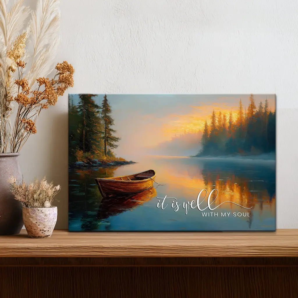 Faith based wall art It Is Well With My Soul with calm lake sunrise Christian home decor