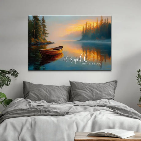 Christian gifts wall art canvas It Is Well With My Soul with peaceful lake sunrise background