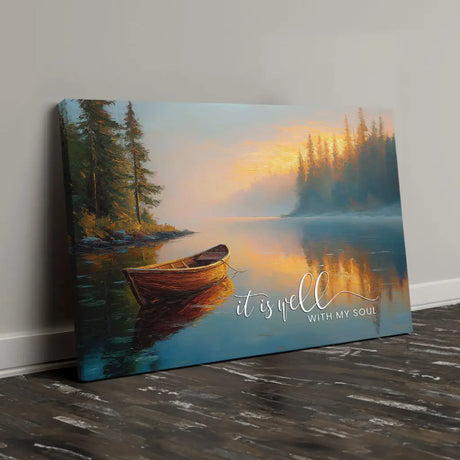 It Is Well With My Soul Christian wall art canvas with tranquil lake sunrise and peaceful faith decor