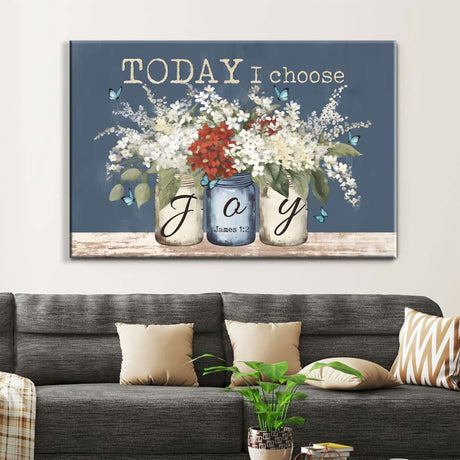 Christian Wall Decor, James 1:2 Today I Choose Joy Butterfly Flower Mason Jar Wall Art Canvas Print