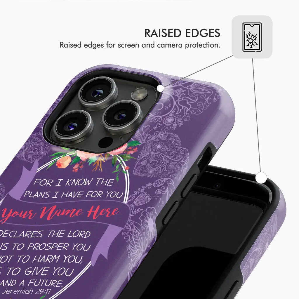 Inspirational phone case with Jeremiah 29:11 Bible verse and custom name, ideal for faith-based gifts and Christian inspiration.