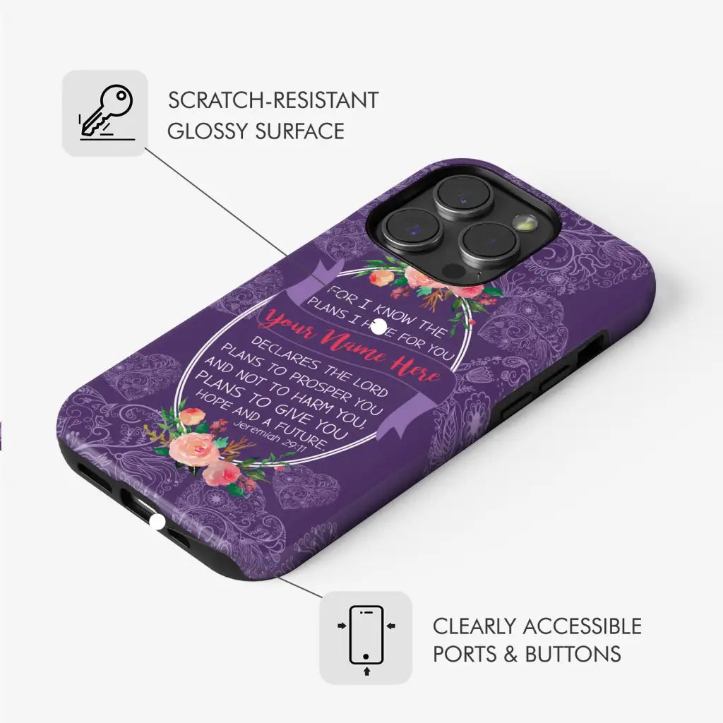 Faith-based phone case with Jeremiah 29:11 Bible verse and personalized name, great for religious and inspirational gifts.