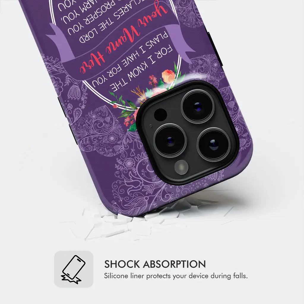 Customizable phone case with Jeremiah 29:11 &quot;For I Know the Plans I Have for You&quot; and custom name, perfect for Christian gifts.