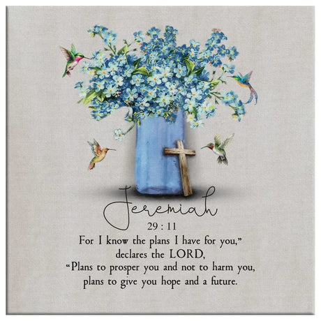 Christian canvas print featuring Jeremiah 29:11 NIV, hummingbird, and flowers, ideal inspirational wall art for homes.