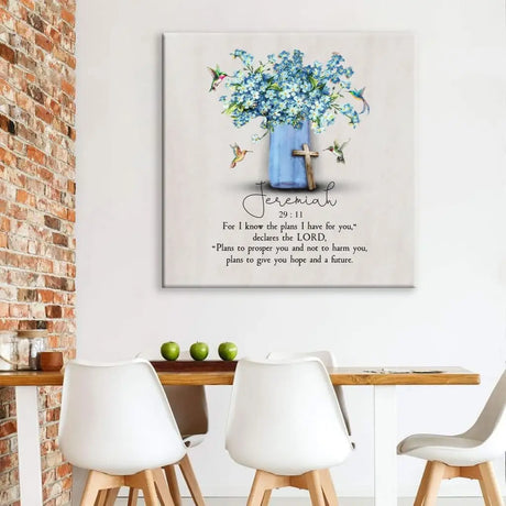 Religious wall art canvas with Jeremiah 29:11 NIV, hummingbird, and flowers, "For I Know The Plans," perfect for faith-filled decor.