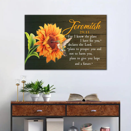 Inspirational Bible verse wall art, Jeremiah 29:11 with hummingbird, sunflower, and faith message.