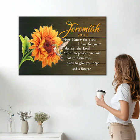 Christian wall art with Jeremiah 29:11, hummingbird and sunflower, faith-based Bible verse canvas.