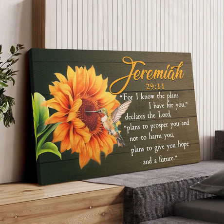 Faith-based canvas with sunflower and hummingbird, Christian gift featuring Jeremiah 29:11 scripture.