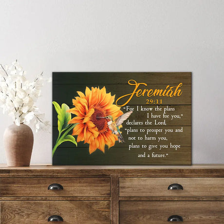 Christian décor with Jeremiah 29:11 verse, hummingbird and sunflower design, gift of faith and hope.