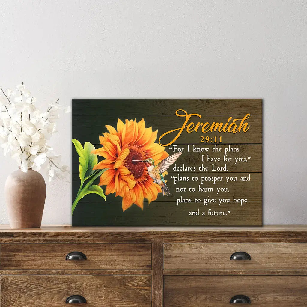 Christian décor with Jeremiah 29:11 verse, hummingbird and sunflower design, gift of faith and hope.
