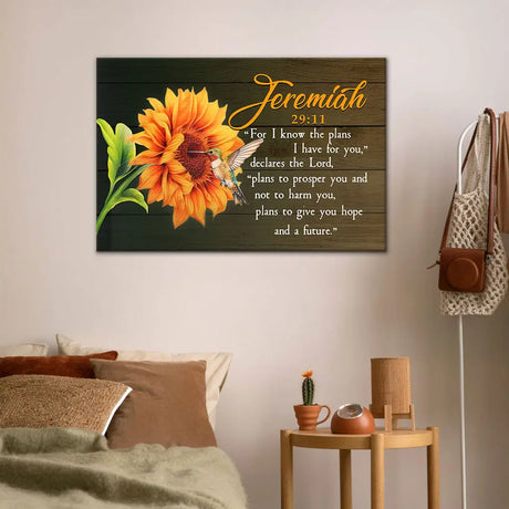 Scripture wall art with sunflower and hummingbird, Jeremiah 29:11 Christian canvas for encouragement.