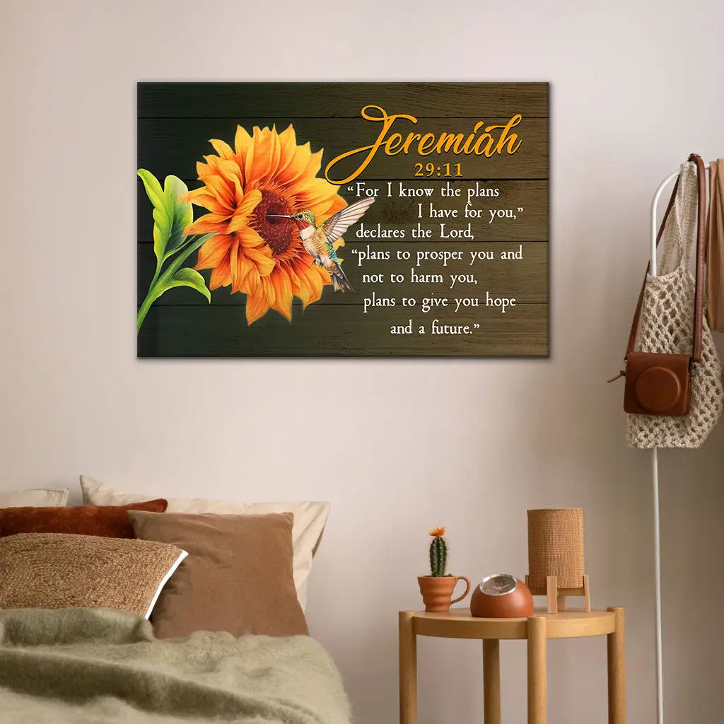 Scripture wall art with sunflower and hummingbird, Jeremiah 29:11 Christian canvas for encouragement.