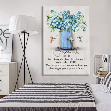 Inspirational canvas print with Jeremiah 29:11 Bible verse, hummingbird, and flowers, ideal Christian home decor for bedroom.