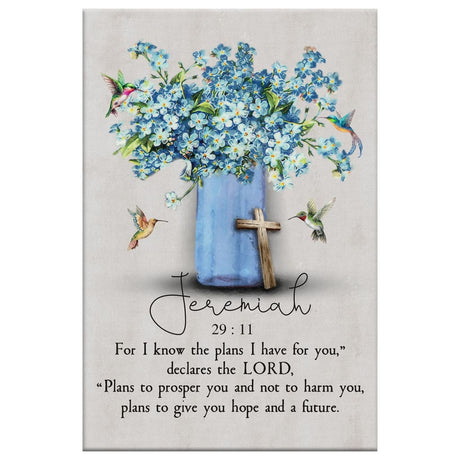 Faith-based wall art with Jeremiah 29:11, "For I Know The Plans I Have For You," and hummingbird flowers design, great for Christian homes.