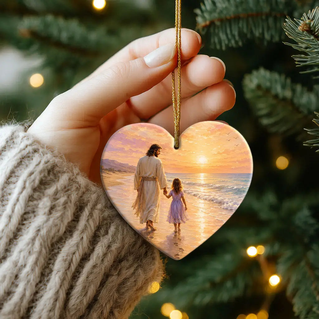 Jesus and little girl seaside Christian ornament for Christmas tree decor