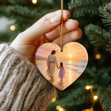 Jesus and little girl seaside Christian ornament for Christmas tree decor
