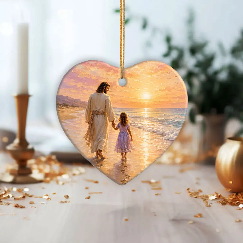Faith inspired ornament with Jesus and young girl walking on the beach at sunset