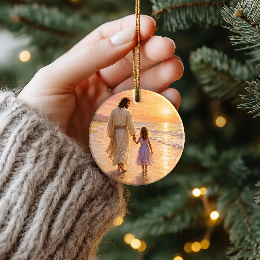 Jesus and child beach scene Christian ornament with peaceful sunset artwork