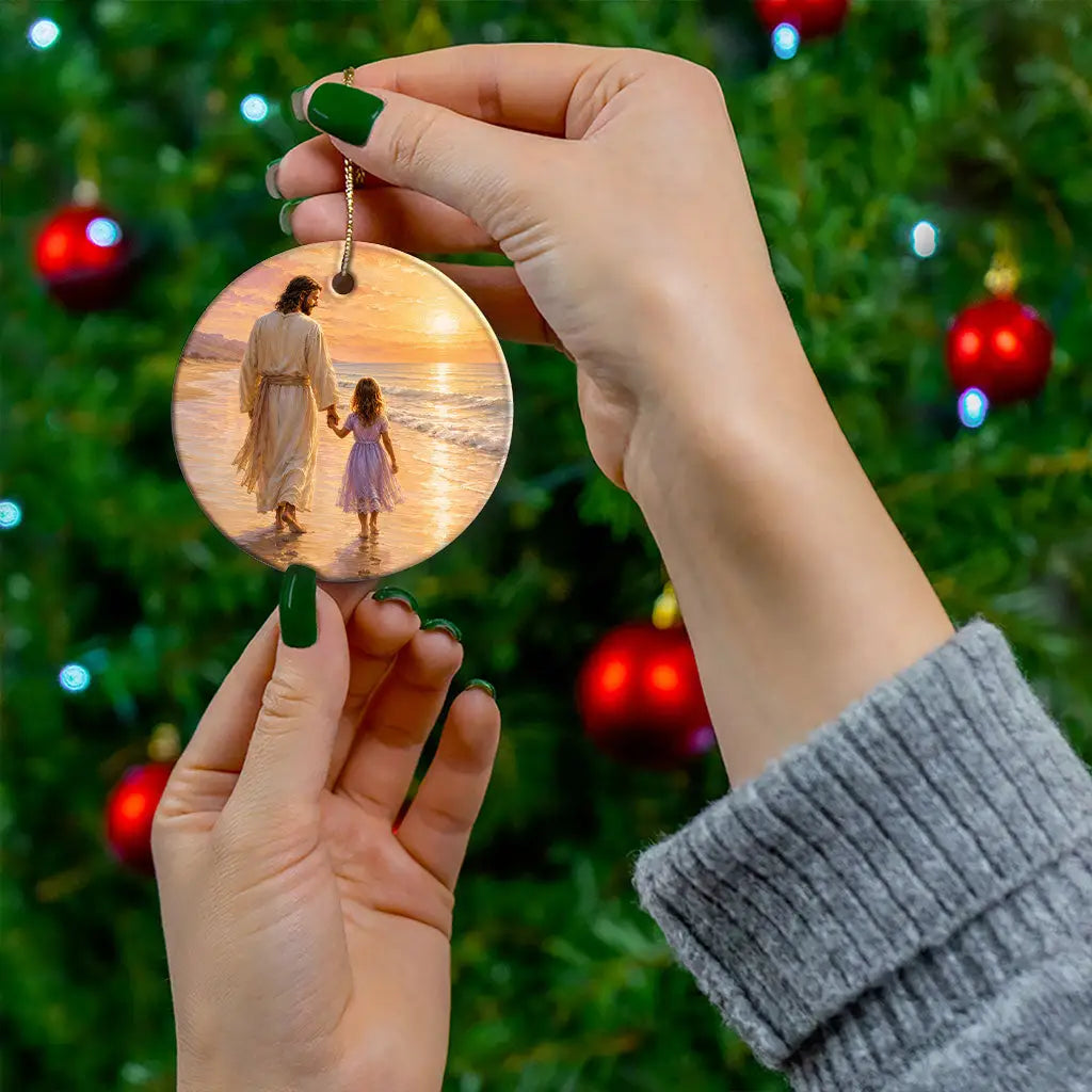 Jesus walking with a little girl on the beach at sunset Christian ornament gift