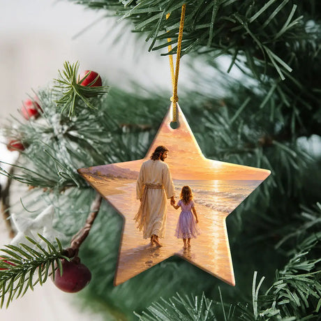 Jesus guides a little girl along the shore Christian ornament faith based gift