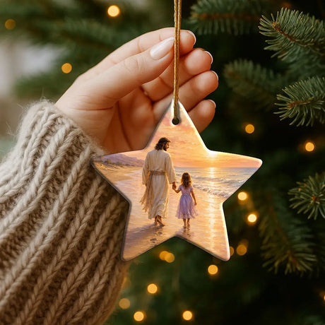 Beautiful Christian ornament with Jesus and little girl by the ocean at sunset