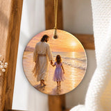 Jesus and a Little Girl on the Beach - Christian Ornament Circle / 1-pack