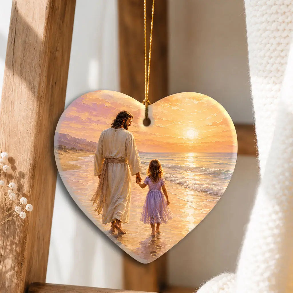 Jesus and a Little Girl on the Beach - Christian Ornament Heart / 1-pack