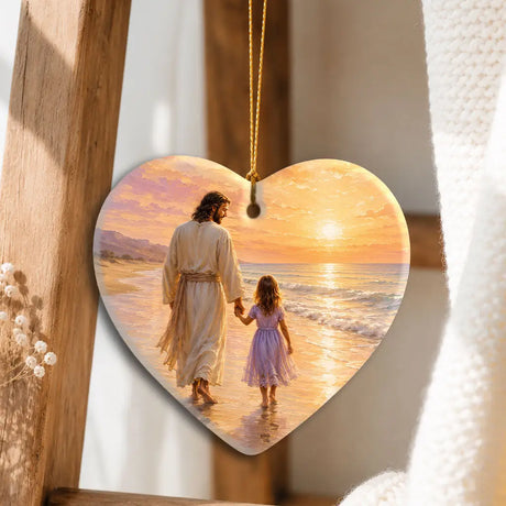 Jesus and a Little Girl on the Beach - Christian Ornament Heart / 1-pack